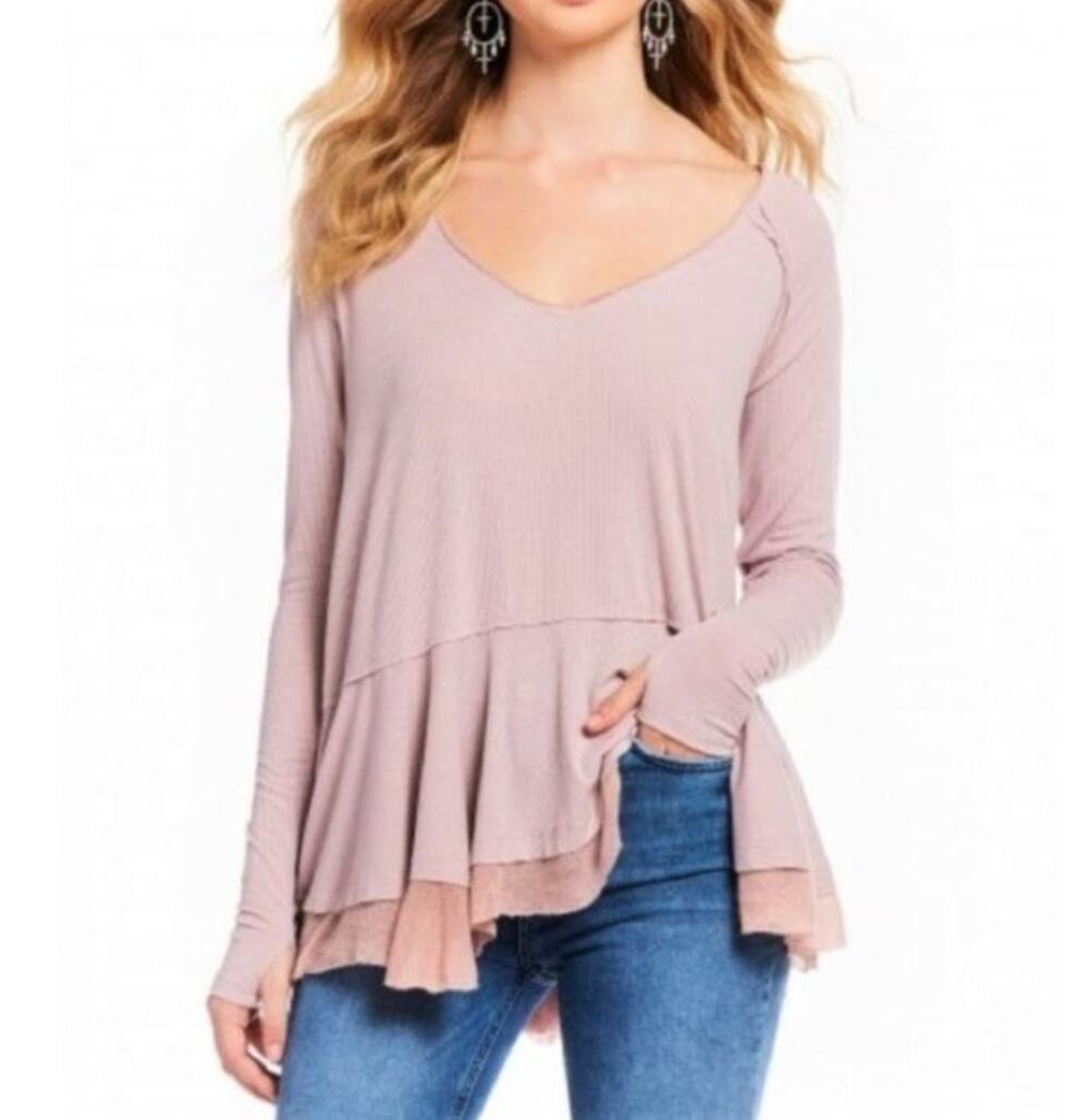We The Free People Mauve Pink Ribbed Ruffle Hem Peplum Long Sleeve Top S